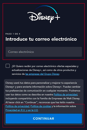 Introducir correo electrónico Subscribirse a Disney Plus