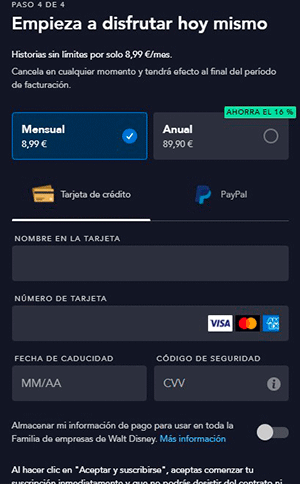 Introducir método de pago Subscribirse a Disney Plus